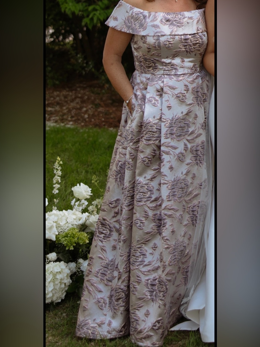 Alex Evenings Off-Shoulder Floral Jacquard Gown in Ivory and Mauve